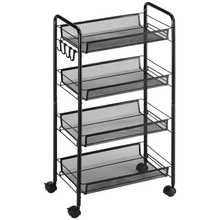 HOMCOM Carrito Auxiliar con Ruedas Carrito de Cocina de 4 Niveles Carrito de Almacenamiento con 4 Ganchos Carga 12 kg para Comedor Sala Baño 45x26,5x84 cm Negro - 1