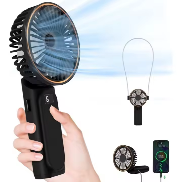 Ventilador Portátil Recargable 4000mAh - Ventilador de Cuello/Mano USB-C IPX4, 6 Velocidades Silencioso 20dB, mini ventilador portatil 180° para Viajes/Oficina/Playa. - 1