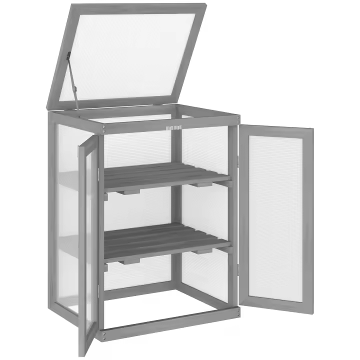 Invernadero de Marco frío de 3 estantes con 2 Puertas, de madera y policarbonato, resistente a la intemperie, hasta 15 kg por estante, gris oscuro - 1