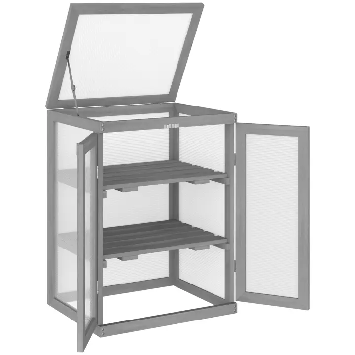 Invernadero de Marco frío de 3 estantes con 2 Puertas, de madera y policarbonato, resistente a la intemperie, hasta 15 kg por estante, gris oscuro - 1