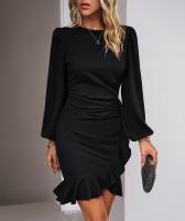 Vestido De Rodilla Largo Estilo Casual Para Mujer Con Mangas Burbuja Y Pliegues En Color Sólido Vestido Para Jóvenes - details 6