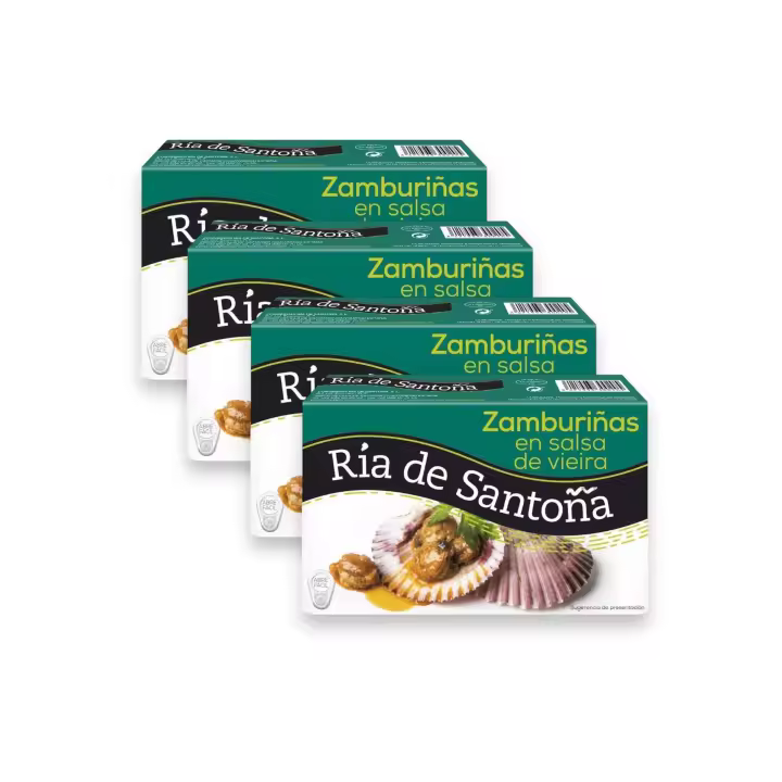 Zamburiñas en Salsa de Vieira Ría de Santoña Pack de 4 Latas de 111grs - Disfruta de la mejor calidad y sabor en cada bocado, con una receta tradicional y artesanal que realza cualquier plato. - 1