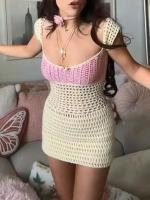 Vestido Bodycon De Punto Para Mujer Con Corteout Contraste En El Escote En V Y Espalda Descubierta Manga 1 4 Mini Vestido Fiesta Verano Sin Capucha Estilo Elegante - details 2