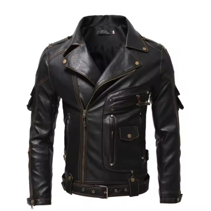 Chaqueta De Cuero PU Vintage Con Cremalleras Multiseguros Y Borla Para Motociclista Chaqueta De Cuero Con Bolsillos Para Hombre Estilo Punk - 1