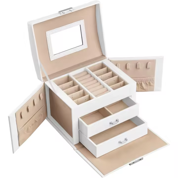 Joyero de 3 niveles con espejo, organizador de joyas con cerradura y asa, 2 cajones, almacenamiento de joyas de viaje, estilo moderno - 1