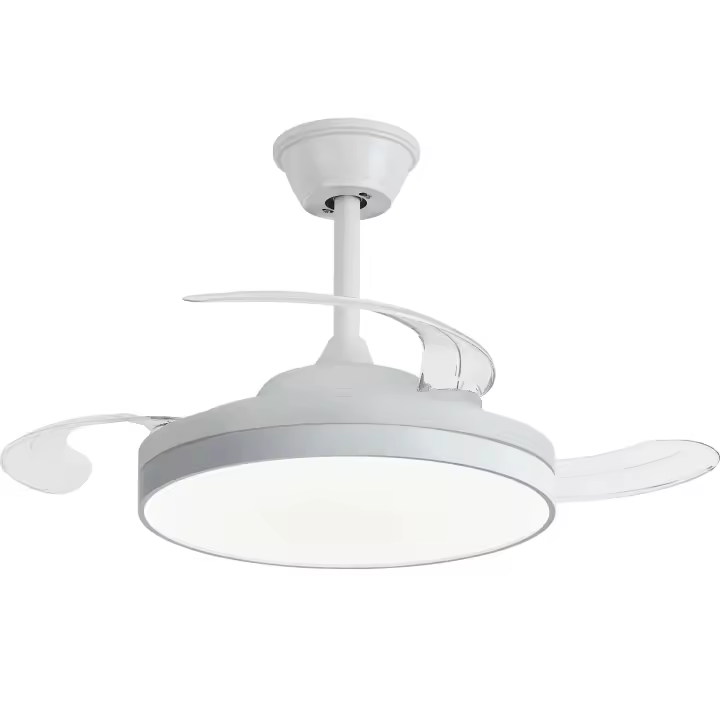 NARVI Ventilador de techo, Sistema integrado de FUNCIÓN CON VOZ, 3 aspas retráctiles transparentes , Motor DC 30W,  Luz LED Regulable en intensidad. Con Memoria y Mando. REF. DAKOTA 6063 WH CON VOZ - 1