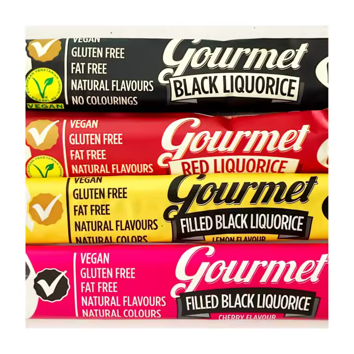 Fini Gourmet Regaliz Pack Completo  4 Sabores (Negro, Fresa, Negro relleno de Limón y Negro relleno de Cereza) [4x32 g] Sin Gluten Vegano - 1