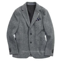 Chaqueta De Tweed Gris Para Invierno Chaqueta De Traje Con Notch Lapel Cierre Único Estilo Formal Abrigo Herringbone Para Boda/ Negocios - details 0