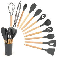 Juego de Herramientas de Cocina de Silicona de 12 Piezas Cuchara, Escova de Sopa, Cuchara de Madera Antideslizante con Cubo de Almacenamiento - details 1