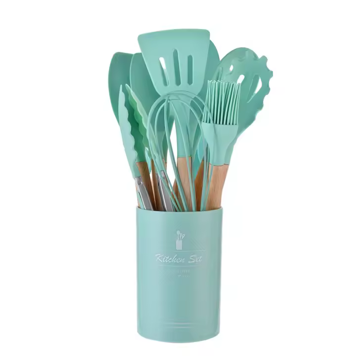 Juego De Utensilios De Cocina Ecológicos De Silicona 12PCS With Mango De Madera Espátula Pala Batidoras De Huevo Herramientas De Cocina No Adherentes - 1