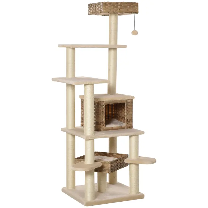 PawHut Rascador de Ratán con Cueva para Gatos Árbol para Gatos de Varios Niveles Árbol Trepador para Gatos E1 MDF Sisal Beige+Marrón 55 x 55 x 174 cm - 1