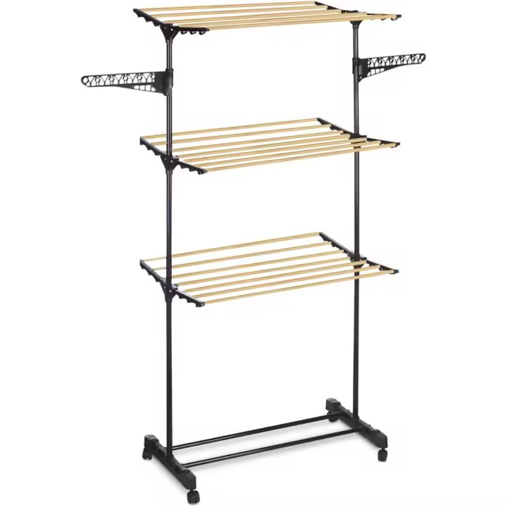 ARISE SHOP-KINVARA Tendedero 3 alturas negro,Tendedero plegable Metal Hierro de 3 niveles para ropa para uso en interiores y exteriores,Colgador de ropa plegable tipo rodillo, estante de pie para ropa,con Ruedas y Fácil de Mover - 1