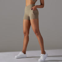 Shorts De Yoga Para Mujer Con Cintura Alta Y Bolsillos Diseño Cruzado Transpirables Y Secado Rápido Para Gimnasio Running Ejercicio - details 14