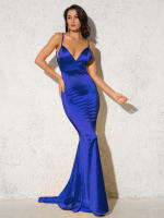 Vestido De Seda Elástico Con Cuello En V Y Espalda Descubierta Para Fiesta De Noche Boda Y Compromiso Vestido De Noche De Mujer Longitud Del Piso Estilo Mermaid Sin Mangas - details 8