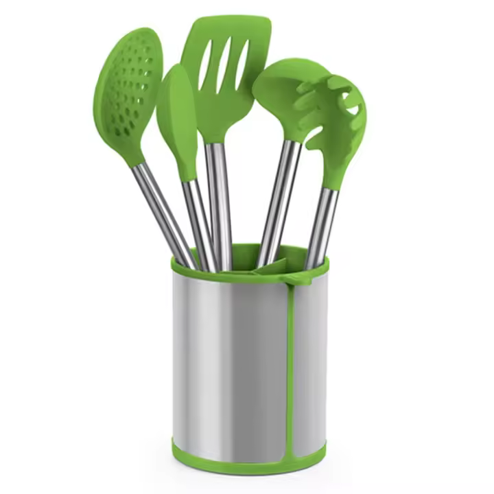 Bra - Conjunto de Utensilios Cocina Prior y Bote Organizador, Acero Inoxidable y Silicona Verde, Apto Lavavajillas - 1