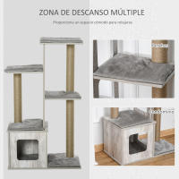 PawHut Árbol Rascador para Gatos 67x38,5x114 cm Torre de Escalada de Gatos con Cueva de Madera Múltiples Plataformas y Postes de Rascar de Yute Juego y Descanso Gris - details 3