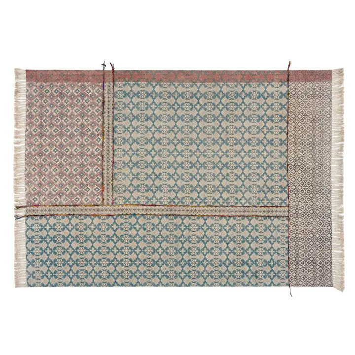 Alfombra Atlantic Geométrica Happy, Parentesi Quadra, Patrón Ancestral, Azul y Beige, Hecho a Mano - 140x200cm - 1