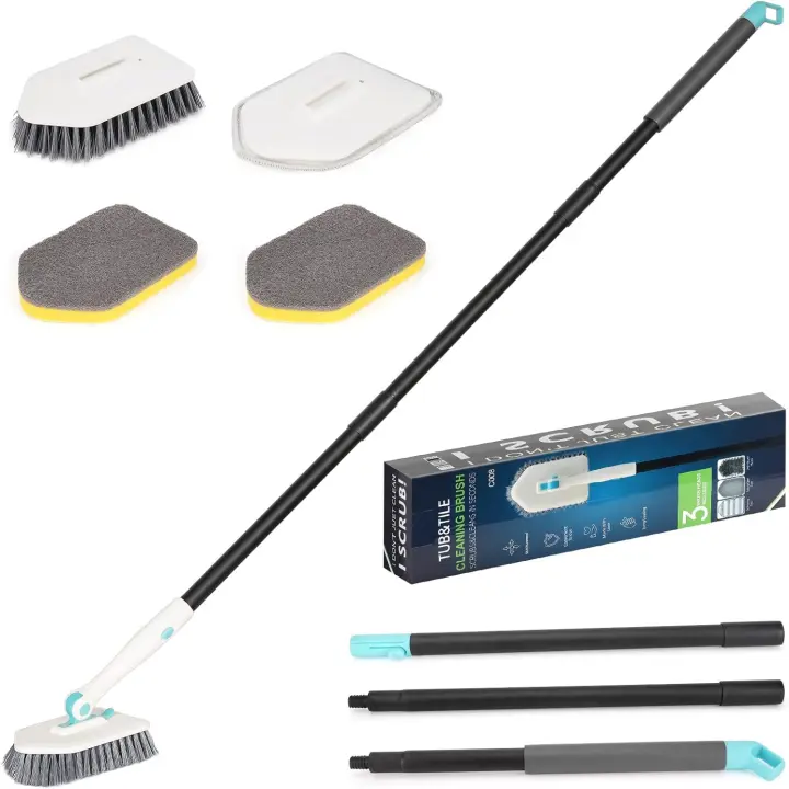 3 en 1 Cepillo de Limpieza de Ducha, 50" Cepillo Limpieza con Mango, 180 ° Rotación Cepillo de Limpieza de Azulejos para Ducha bañera azulejo Pared Piso Limpieza (Incluye 4 cepillos reemplazables) - 1