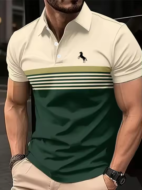 Camisa Polo Casual Para Hombre Con Estampado 3D De Caballo Y Diseño De Bloques De Colores Estilo Deportivo Para Golf En Verano Manga Corta - 1