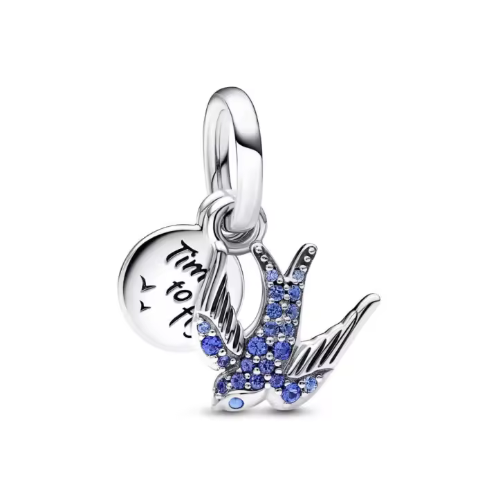 PANDORA Charm Colgante Doble Plata de Ley Golondrina Cristales Beige Azul Noche Claraboya Estelar Time To Fly - 1