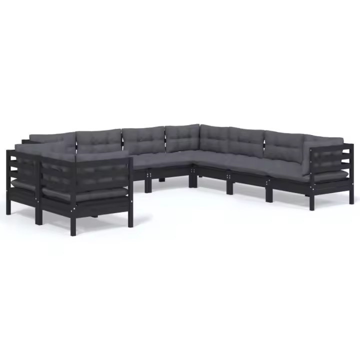 vidaXL Muebles de jardín 9 pzas y cojines negro madera maciza de pino - 1