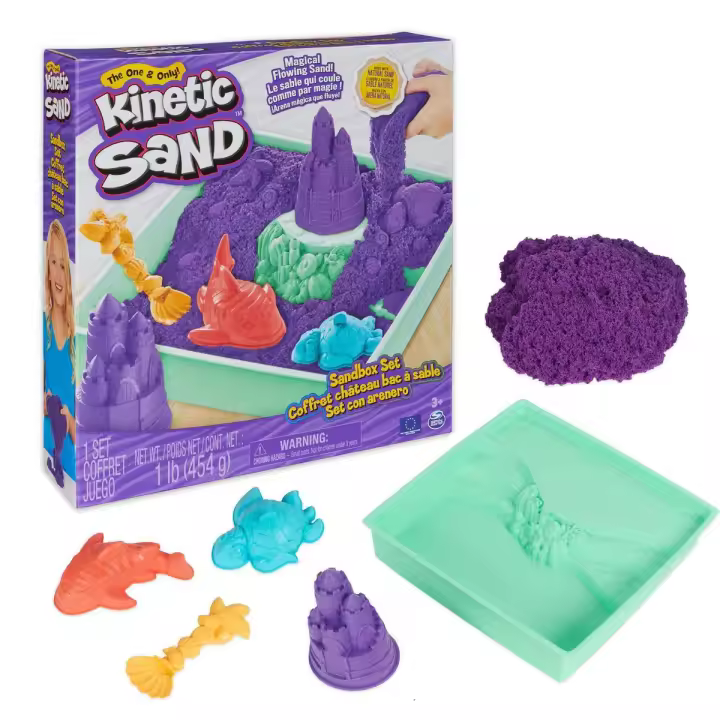 SPIN MASTER - Kinetic Sand - Set Sandbox: con Arenero, 454 g de Arena Mágica Morada y 4 Accesorios - Kit Manualidades Niños - 6067477 - Juguetes Niños 3 Años + - 1