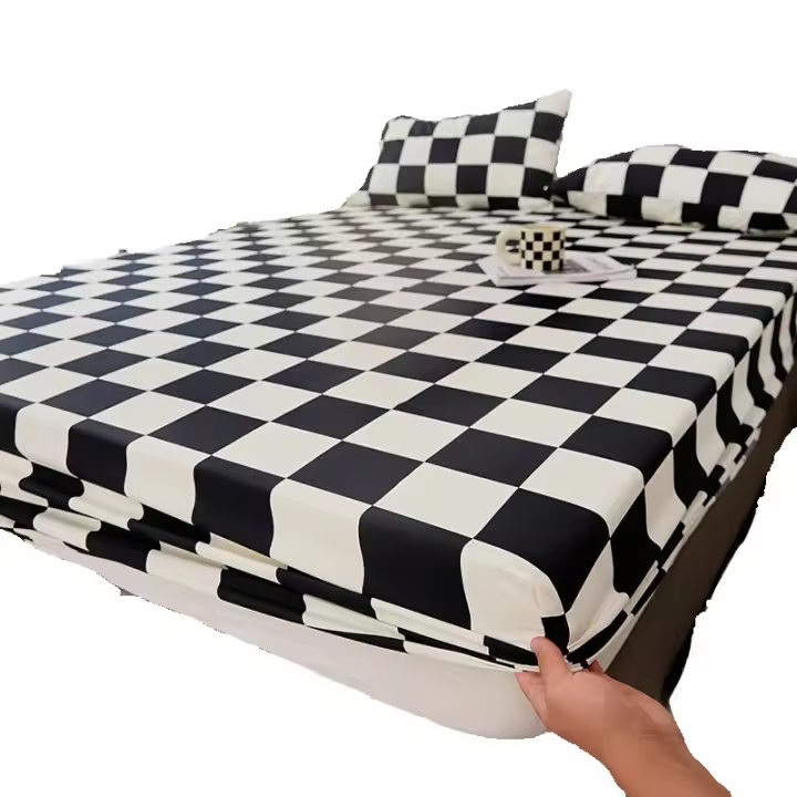 Sábana Ajustable Reina Talla Con Banda Elástica Cubierta De Mátress Negro Y Blanco Sábana De Alta Calidad Sábana Tat 40TC Plaid - 1