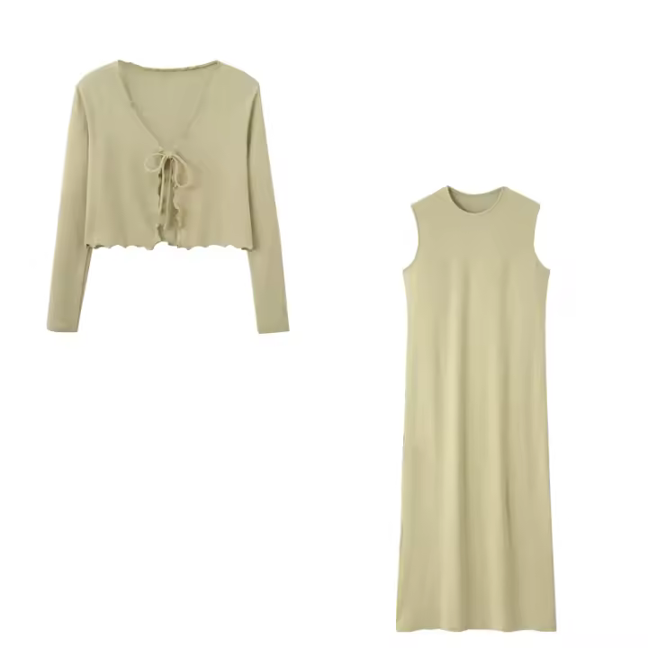 Nuevo Traje De Mujer Para Otoño 2024 Vestido Largo Casual Con Ruffle Chaqueta Y Chaleco Suéter Tejido Suelto Maxi Set - 1