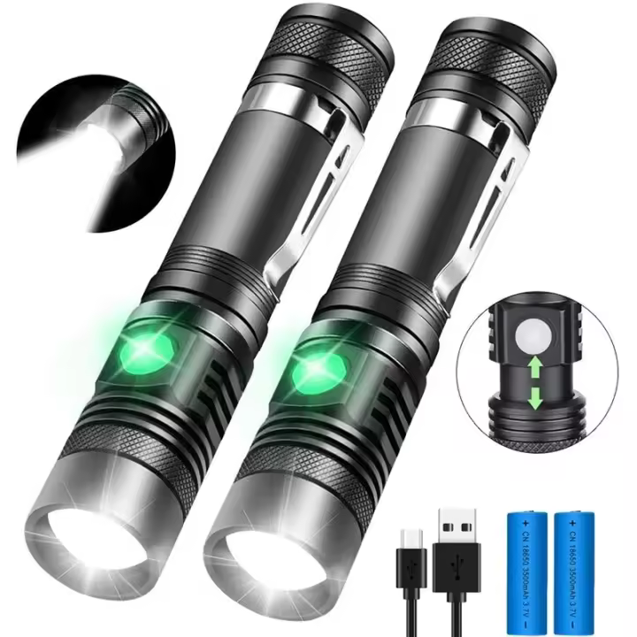 Linterna recargable, linterna de bolsillo con LED T6 superbrillante de 1200 lúmenes, resistente al agua, con zoom, linternas tácticas LED con clip, 4 modos para acampar, senderismo y emergencia - 1