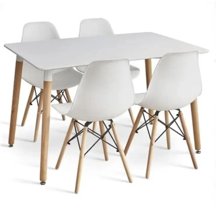 ORION91 Conjunto Mesa 110x70x74cm + 4 Sillas Polipropileno Color Blanco y Patas en Madera Haya 46,5 x 48 x 82 cm Comedor Oficina Salón Teletrabajo Cocina – SpazioLuzio - 1