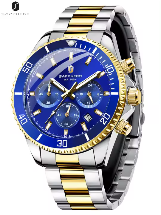 Reloj De Hombre SAPPHERO En Acero Inoxidable Dorado Con Cronógrafo Y Calendario Resistente Al Agua Pantalla Analógica-Digital Estilo Casual - 1