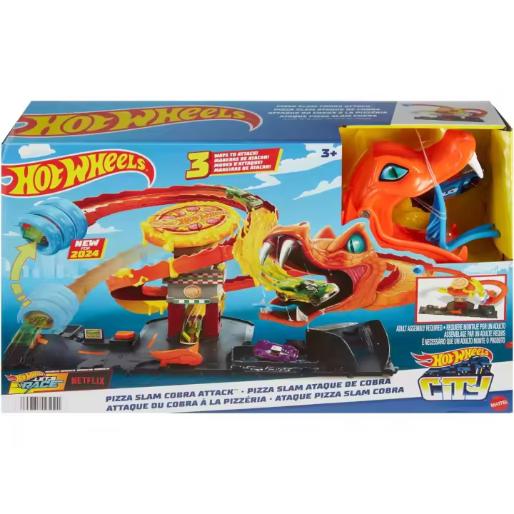 Hot Wheels City “Let's Race - ¡a Correr!” Netflix - Pizza Slam Ataque de Cobra Pista para Coches de Juguete con Serpiente, Incluye 1 vehículo, 4 años (Mattel HTN81) - 1