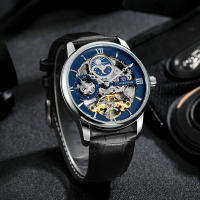 Reloj Mecánico Forsining De Lujo Con Esqueleto Y Tourbillon Para Hombres Con Correa De Cuero Genuino Zona Horaria Dual Fase De La Luna Resistente Al Agua Y Shock - details 5