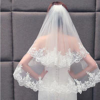 Velo De Novia Elegante De Dos Capas Con Cepillo En Blanco Y Ocre Para Mujer 2023 Con Detalles De Encaje Y Orfebrería - details 0