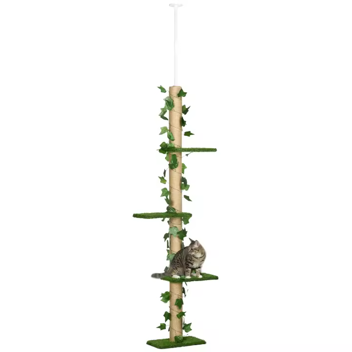 Pawhut Árbol para Gatos de Suelo a Techo de 202-242 cm Torre para Gatos con 3 Plataformas Postes Rascadores Altura Ajustable y Decoración de Hoja de Arce Verde - 1