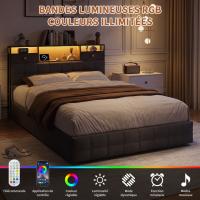 Cama de matrimonio 160x200 cm gris con almacenaje hidráulico, cabecero con cajones, luces LED RGB y carga USB-C - details 2