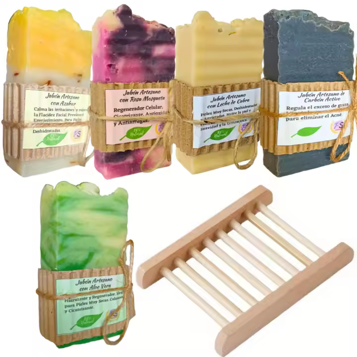 Antiarrugas. 5 Jabones Artesanos Naturales. + Jabonera Madera. PumarShop Cinnia Natura. Leche de Cabra, Rosa Mosqueta y Centella Asiática, Azahar, Carbón Activo y Aloe Vera.🛑 [en caso de falta de stock de alguno, se sustituirá por otro similar - 1