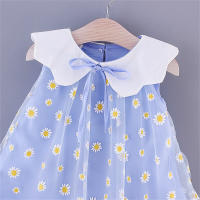 Vestido De Verano Para Niñas Con Pétalos De Margarita Y Cuello Gasa Sólido Sin Mangas Dulce Y Lindo Vestido De Malla - details 5