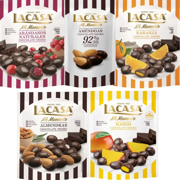Lacasa Mi Momento pack de 5:Almendra 92% 65G,Arándano choco Negro 125G,Almendra choco Negro 125G,Naranja choco Negro 125G,Mango choco Negro 115G - 1