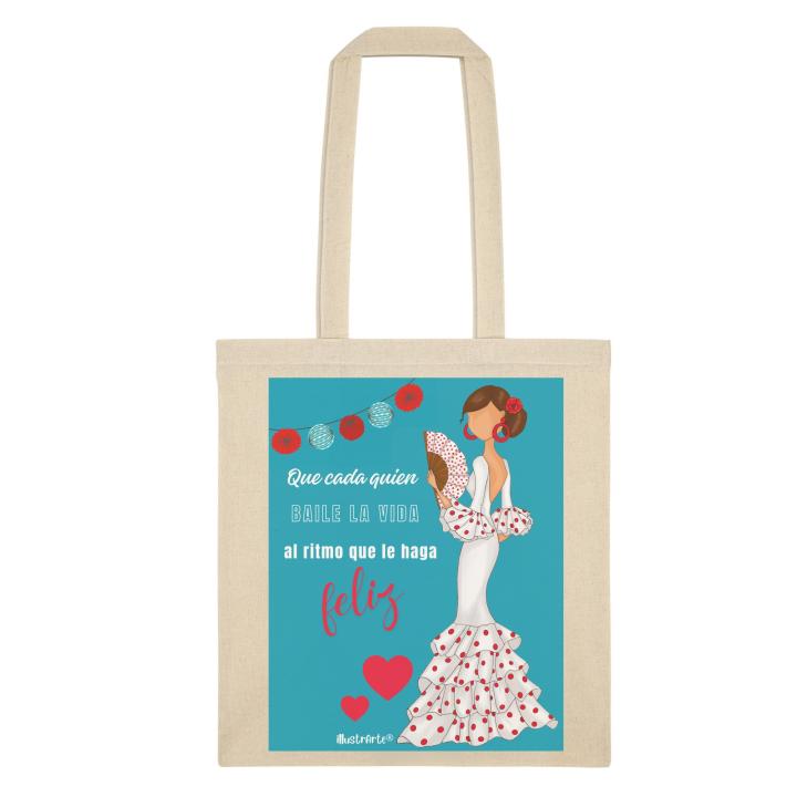 👜 IllustrArte Bolsa Tote Cádiz Diseño Flamenca “Pepa Feliz” | Algodón 135 g/m² (38 x 42 cm) | Asas Largas de 60 cm | Impresión en un Lado | Bolsa Reutilizable y Ligera (Soporta hasta 5 kg)