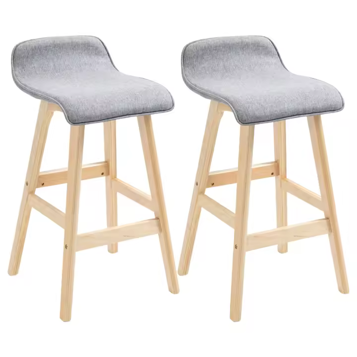 HOMCOM Juego de 2 Taburetes de Bar con Asiento 64 cm de Altura Tapizado en Lino Sintético Taburetes Altos de Cocina con Patas de Madera 40x41,5x75,5 cm Gris y Natural - 1