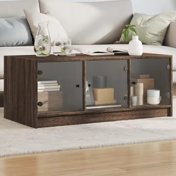vidaXL Mesa de centro con puertas de vidrio marrón roble 102x50x42 cm - 1