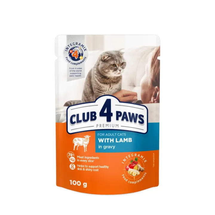 Comida húmeda completa para gatos adultos CLUB 4 PAWS PREMIUM-Cordero en salsa ,PACK 24*100g - 1