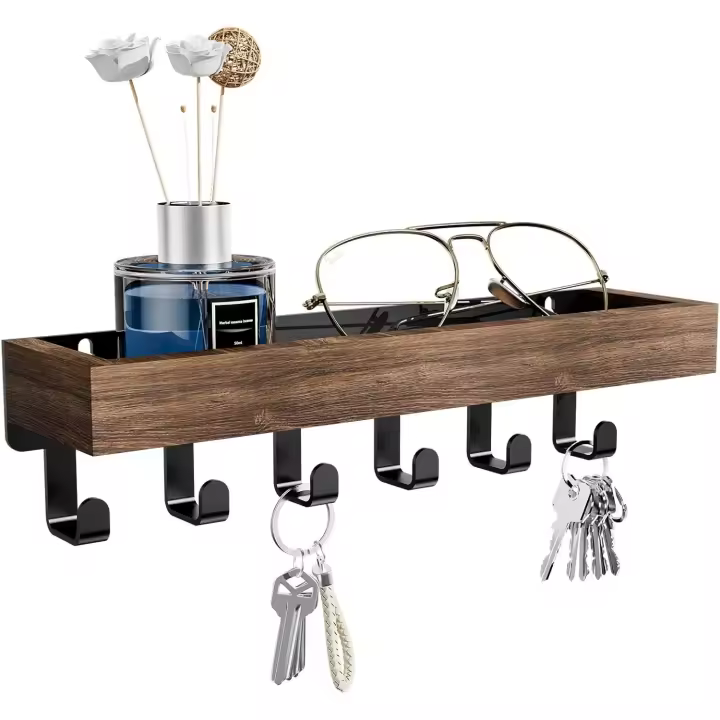 Llavero con bandeja de madera y 6 ganchos, colgador de llaves de pared, organizador de correo para pasillo, entrada, dormitorio, vestíbulo y oficina. - 1