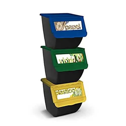 TIENDA EURASIA® Cubos de Basura de Reciclaje - Pack 3 Cubos Apilables de Cocina con Ruedas - Capacidad 36 L - Ideal para Reciclar (Plástico - Papel - Vidrio) - 1