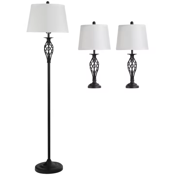 HOMCOM Juego de 2 Lámparas de Mesa y Lámpara de Pie con Pantalla de Tela E27 Máx. 40W IP20 e Interruptor de Pie Lámparas de Noche para Salón Dormitorio Ø38x158 cm y Ø30x62 cm Blanco - 1