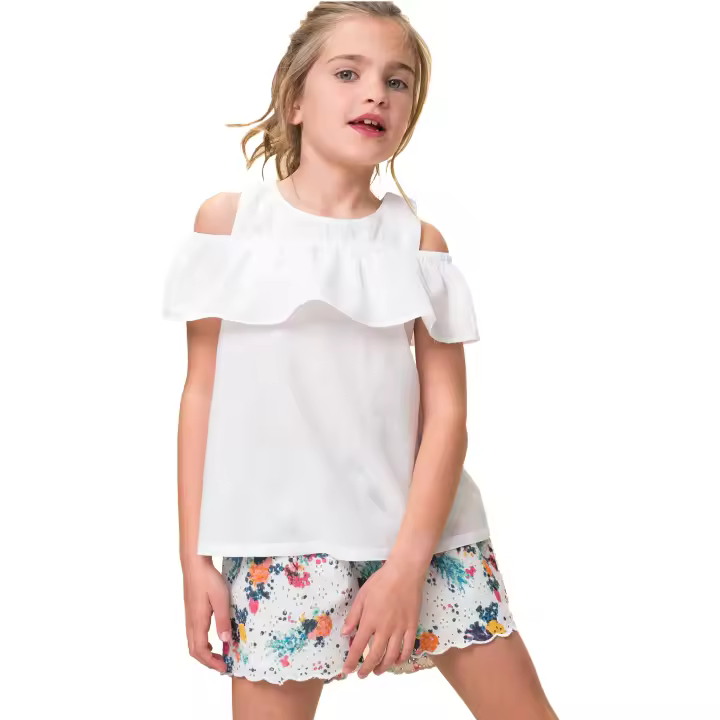 Conjunto Niña Verano Petit Alo 2 Piezas - Blusa Blanca + Short Floral Bordado - 100% Algodón - 1