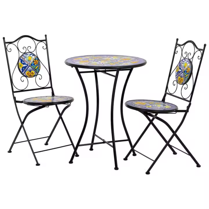 Conjunto mesa y dos sillas de mosaico y forja negro mesa:D60x75h-silla(2):D38x46-90h - 1