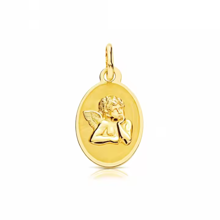 Medalla Oro Amarillo 9K Personalizada Angel Oval Mate y Brillo 15 x 10 mm - Mondepetit - 1