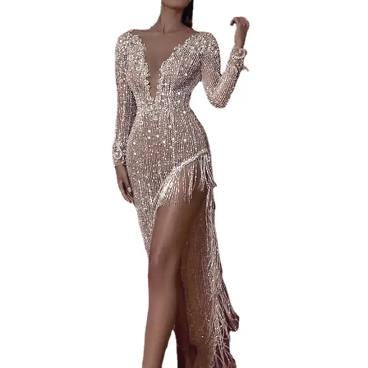 Women's Party Dress Tassel Dress Sequin Dress Maxi Gold Long Sleeves Solid Color Sequin Winter Autumn Deep V Party Winter Dress - 1